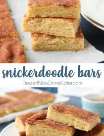 Snickerdoodle Bars transform classic snickerdoodle cookies into easy-to-make blondies. Thick, soft, buttery cookie bars are topped with plenty of cinnamon-sugar. These flavorful, melt-in-your-mouth dessert bars make enough to serve a crowd. Perfect for potlucks, picnics, and parties.