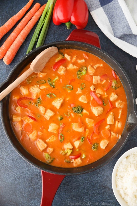 This Thai Red Curry with chicken and vegetables is easy, flavorful, and dinner ready in 30 minutes or less. It's healthier than takeout, and easy to make spicy or mild.