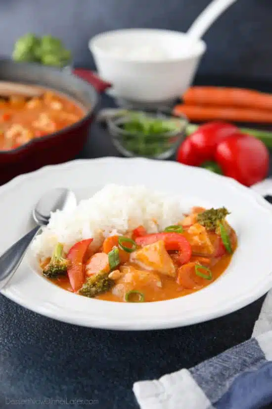 This Thai Red Curry with chicken and vegetables is easy, flavorful, and dinner ready in 30 minutes or less. It's healthier than takeout, and easy to make spicy or mild. 