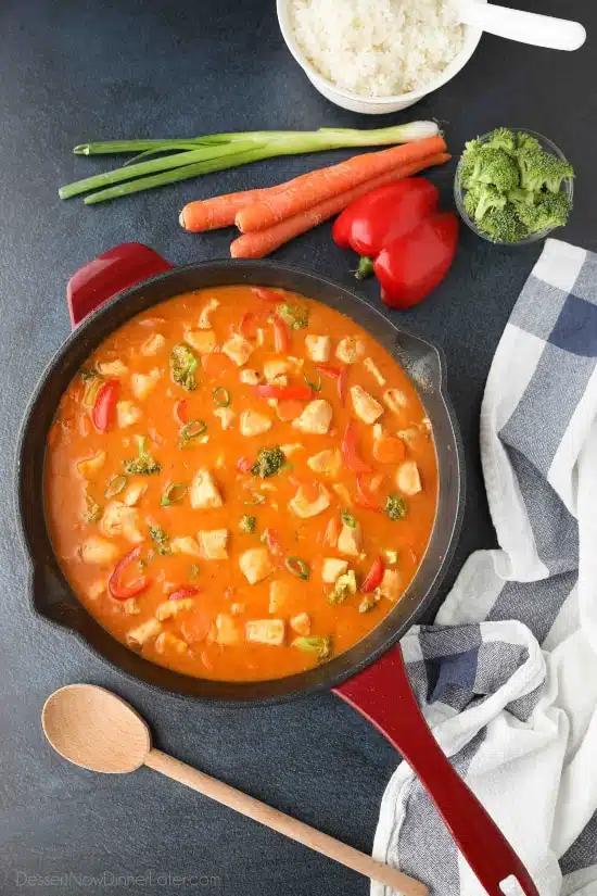 This Thai Red Curry with chicken and vegetables is easy, flavorful, and dinner ready in 30 minutes or less. It's healthier than takeout, and easy to make spicy or mild. 