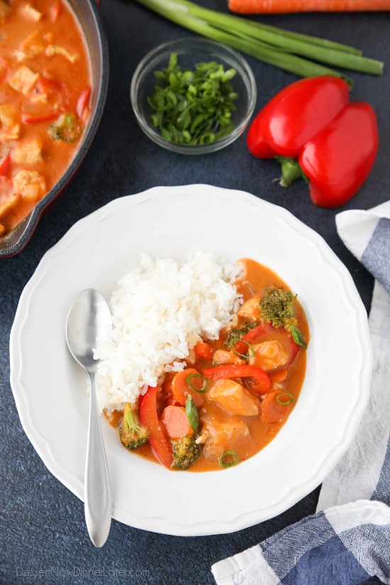 This Thai Red Curry with chicken and vegetables is easy, flavorful, and dinner ready in 30 minutes or less. It's healthier than takeout, and easy to make spicy or mild. 