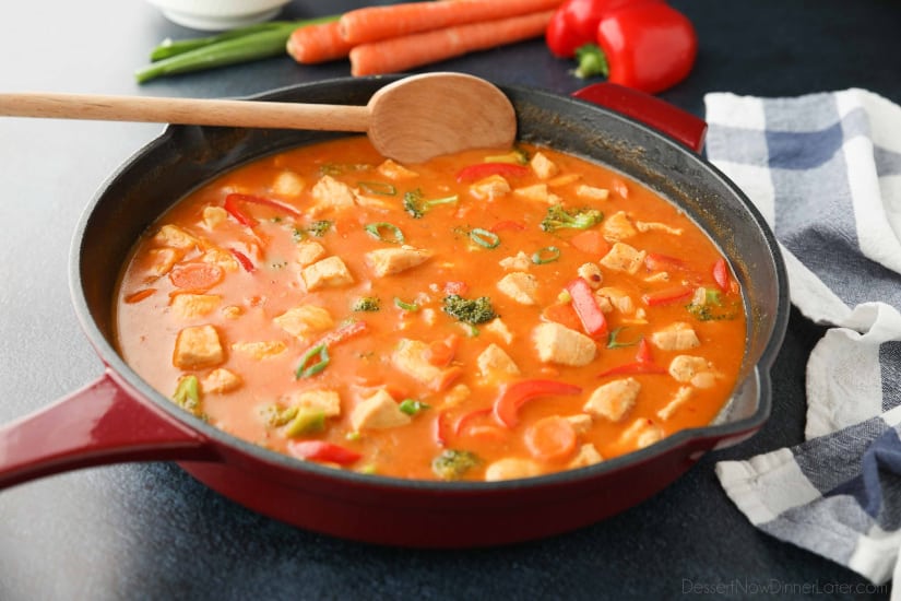 This Thai Red Curry with chicken and vegetables is easy, flavorful, and dinner ready in 30 minutes or less. It's healthier than takeout, and easy to make spicy or mild. 