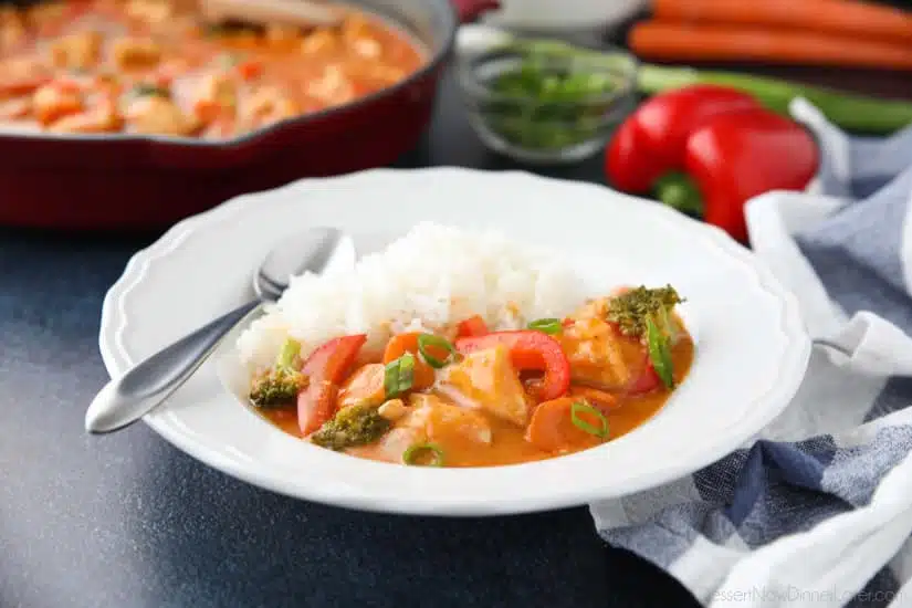 This Thai Red Curry with chicken and vegetables is easy, flavorful, and dinner ready in 30 minutes or less. It's healthier than takeout, and easy to make spicy or mild. 