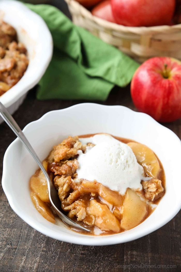This is the best Apple Crisp recipe! It's full of fresh sliced apples, creates a fruity cinnamon-sugar sauce while it bakes (like apple pie filling), and is topped with a crunchy crumb topping. An easy, old fashioned fall dessert.