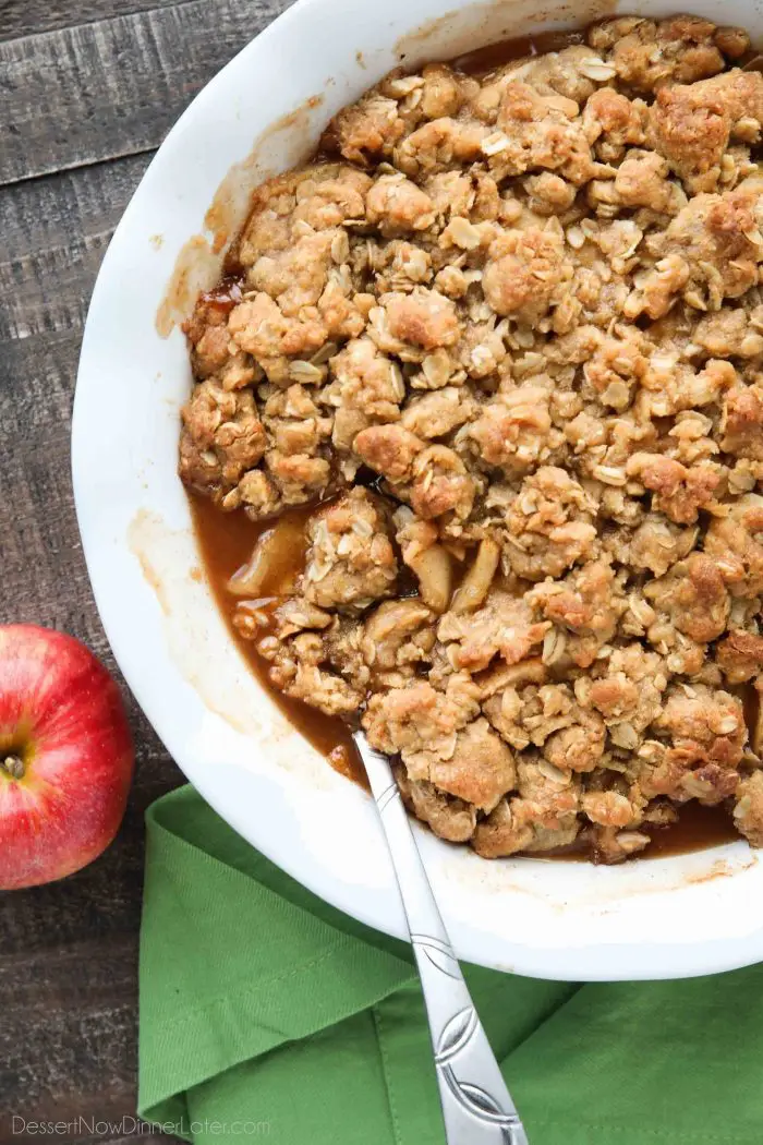 This is the best Apple Crisp recipe! It's full of fresh sliced apples, creates a fruity cinnamon-sugar sauce while it bakes (like apple pie filling), and is topped with a crunchy crumb topping. An easy, old fashioned fall dessert.