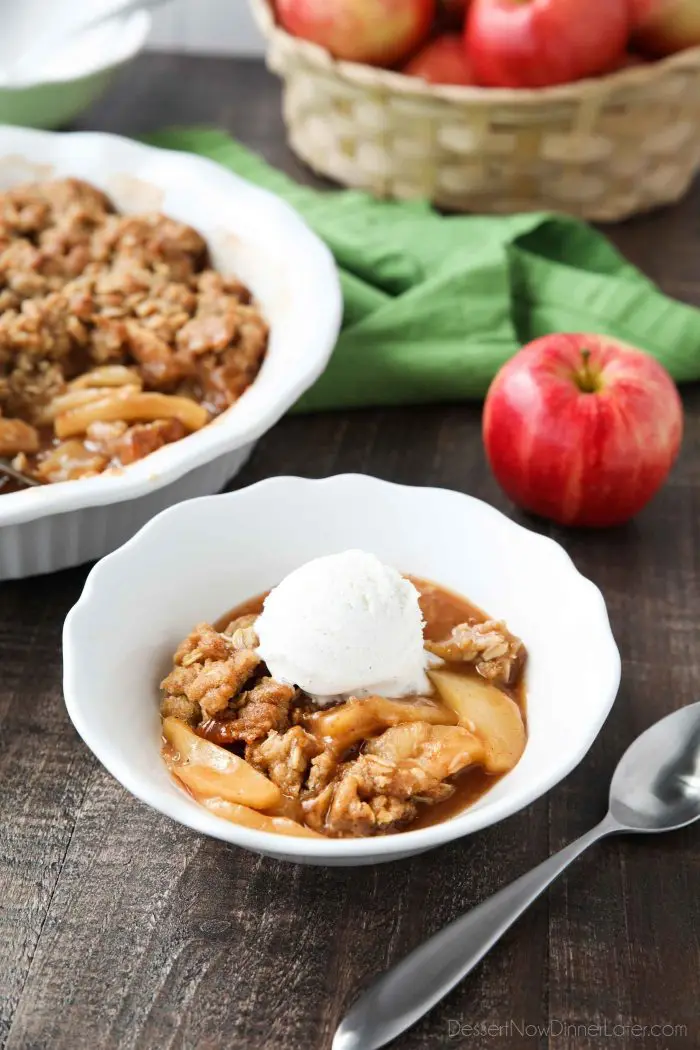 This is the best Apple Crisp recipe! It's full of fresh sliced apples, creates a fruity cinnamon-sugar sauce while it bakes (like apple pie filling), and is topped with a crunchy crumb topping. An easy, old fashioned fall dessert.