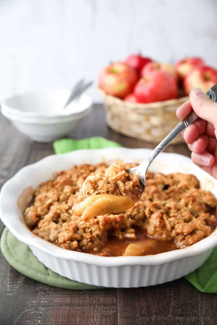 This is the best Apple Crisp recipe! It's full of fresh sliced apples, creates a fruity cinnamon-sugar sauce while it bakes (like apple pie filling), and is topped with a crunchy crumb topping. An easy, old fashioned fall dessert.