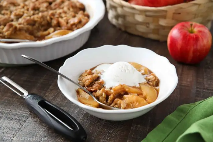 This is the best Apple Crisp recipe! It's full of fresh sliced apples, creates a fruity cinnamon-sugar sauce while it bakes (like apple pie filling), and is topped with a crunchy crumb topping. An easy, old fashioned fall dessert.