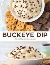 This buckeye dip recipe uses all the ingredients of your favorite buckeye peanut butter balls. With cream cheese, and mini chocolate chips, it's an easy, smooth and creamy dip. Serve it with pretzels, honey and chocolate graham crackers, or even apples. This dip is perfect for parties, holidays, or game day!