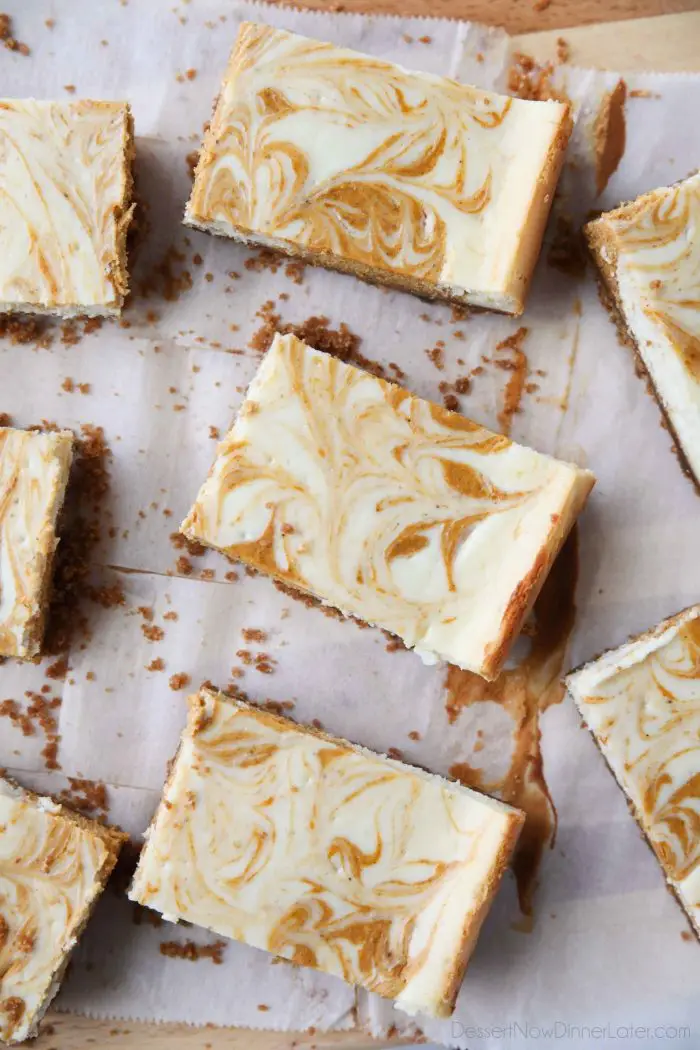 Pumpkin Swirl Cheesecake Bars have a buttery gingersnap crust, with ribbons of creamy vanilla and spiced pumpkin cheesecake marbled on top. A delicious dessert for fall or Thanksgiving.