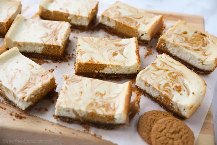 Pumpkin Swirl Cheesecake Bars have a buttery gingersnap crust, with ribbons of creamy vanilla and spiced pumpkin cheesecake marbled on top. A delicious dessert for fall or Thanksgiving.