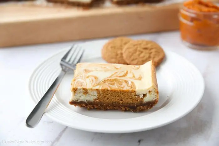 Pumpkin Swirl Cheesecake Bars have a buttery gingersnap crust, with ribbons of creamy vanilla and spiced pumpkin cheesecake marbled on top. A delicious dessert for fall or Thanksgiving.