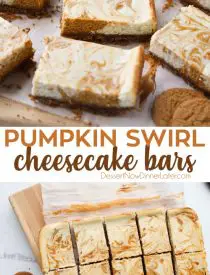 Pumpkin Swirl Cheesecake Bars have a buttery gingersnap crust, with ribbons of creamy vanilla and spiced pumpkin cheesecake marbled on top. A delicious dessert for fall or Thanksgiving.