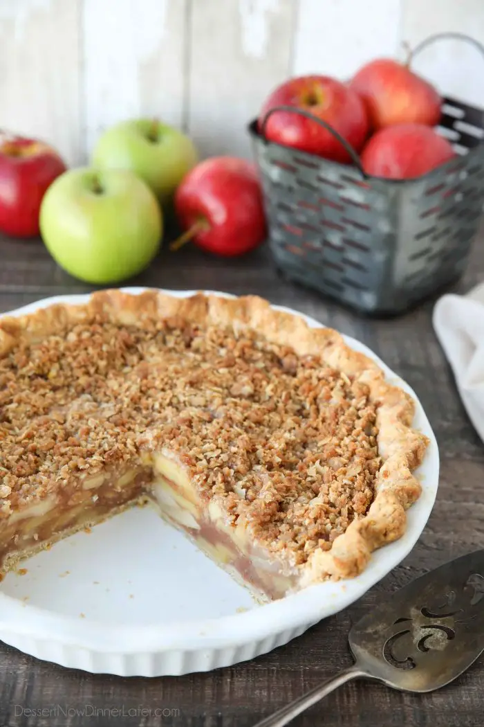 Dutch Apple Pie is made in a traditional pie crust, that's loaded with fresh cinnamon glazed apples, and topped with a sweet, buttery crumb streusel.