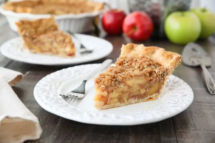 Dutch Apple Pie is made in a traditional pie crust, that's loaded with fresh cinnamon glazed apples, and topped with a sweet, buttery crumb streusel. It's like a combination of classic apple pie and apple crisp.