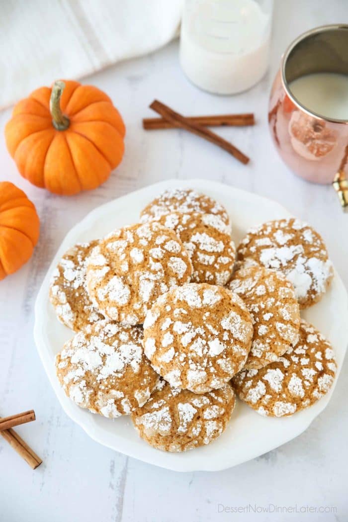 Pumpkin Crinkle Cookies are light, soft, and cake-like with warm, flavorful pumpkin spices. You'll love this easy fall cookie coated in powdered sugar that cracks as it bakes.