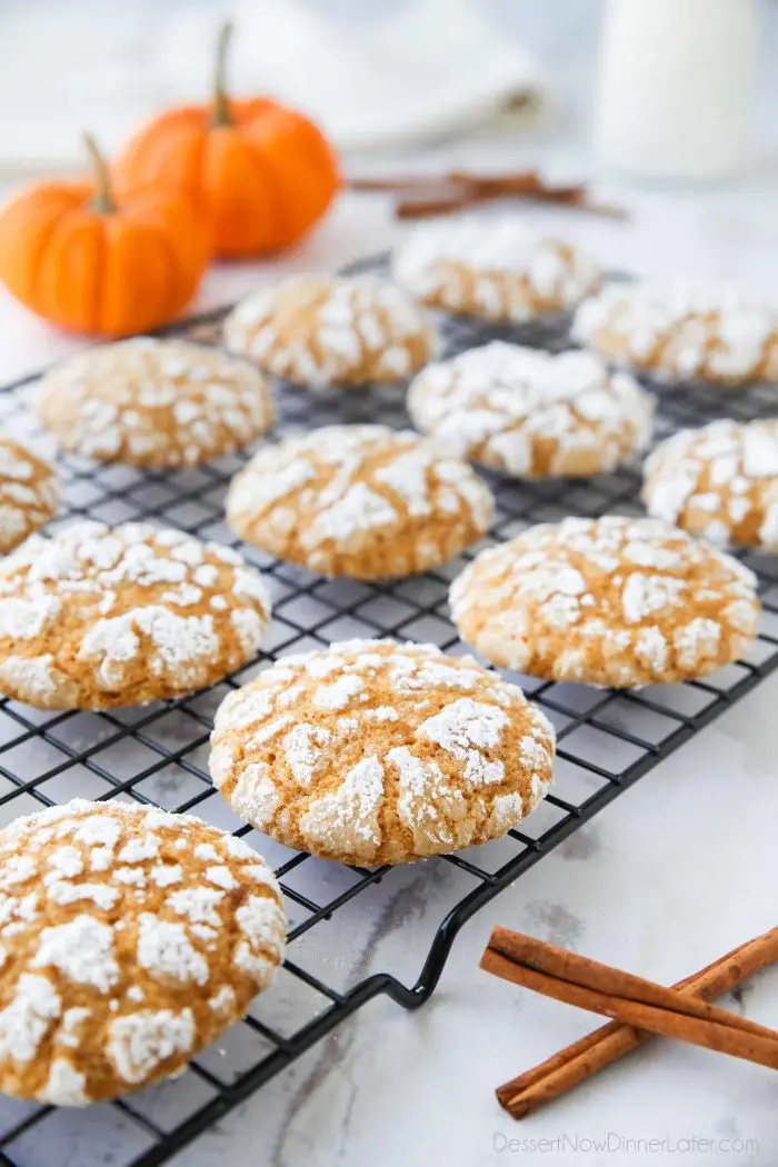 Pumpkin Crinkle Cookies are light, soft, and cake-like with warm, flavorful pumpkin spices. You'll love this easy fall cookie coated in powdered sugar that cracks as it bakes.