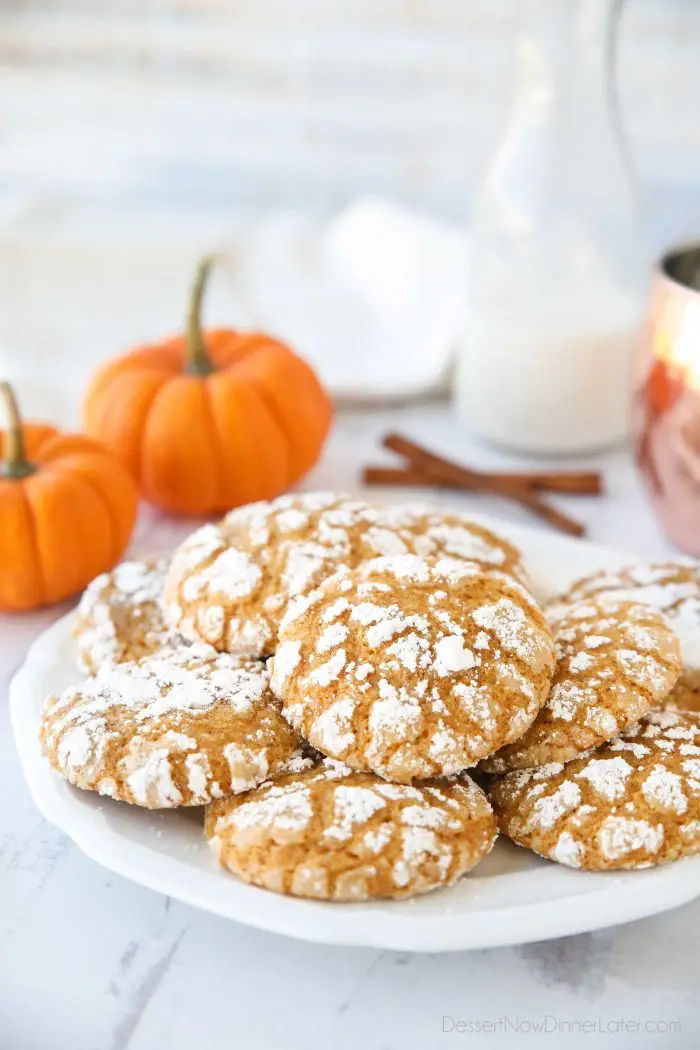 Pumpkin Crinkle Cookies are light, soft, and cake-like with warm, flavorful pumpkin spices. You'll love this easy fall cookie coated in powdered sugar that cracks as it bakes.