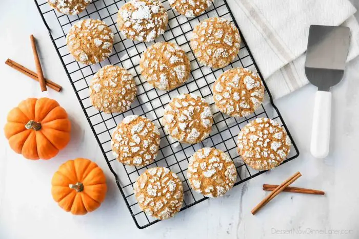 Pumpkin Crinkle Cookies are light, soft, and cake-like with warm, flavorful pumpkin spices. You'll love this easy fall cookie coated in powdered sugar that cracks as it bakes.