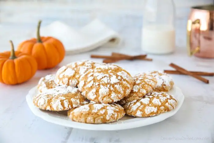 Pumpkin Crinkle Cookies are light, soft, and cake-like with warm, flavorful pumpkin spices. You'll love this easy fall cookie coated in powdered sugar that cracks as it bakes.