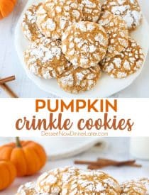Pumpkin Crinkle Cookies are light, soft, and cake-like with warm, flavorful pumpkin spices. You'll love this easy fall cookie coated in powdered sugar that cracks as it bakes.