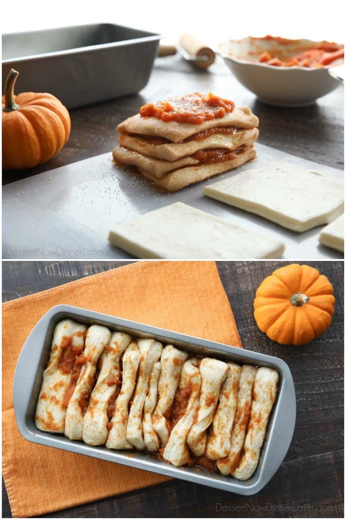 A layer of sweetened pumpkin pureé is spread on top of each layer of the coated dough squares. Then stacked together and placed sideways in a greased bread pan.
