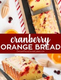 Cranberry Orange Bread is a wonderful treat for the holidays, with a sweet orange glaze on top and pops of tart cranberries throughout. A great neighbor gift, or tasty addition for Christmas breakfast/brunch.