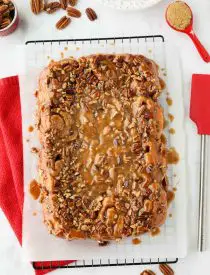 These easy caramel pecan rolls are so sticky, gooey, and delicious. They're made with frozen cinnamon rolls so half the work is done for you! Perfect for holidays or weekends.