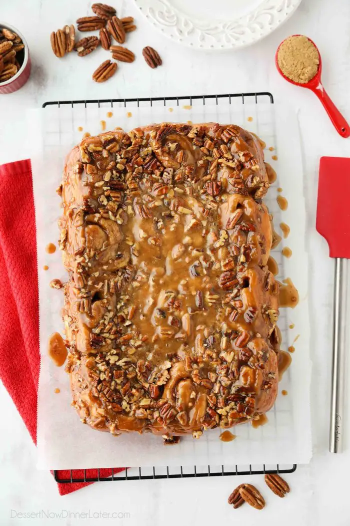 These easy caramel pecan rolls are so sticky, gooey, and delicious. They're made with frozen cinnamon rolls so half the work is done for you! Perfect for holidays or weekends.
