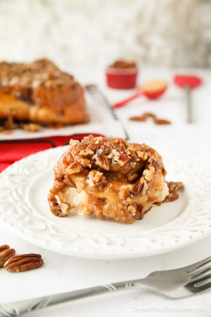 These easy caramel pecan rolls are so sticky, gooey, and delicious. They're semi-homemade using frozen cinnamon rolls and a quick homemade caramel. 