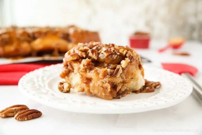 These easy caramel pecan rolls are so sticky, gooey, and delicious. They're semi-homemade using frozen cinnamon rolls and a quick homemade caramel. 