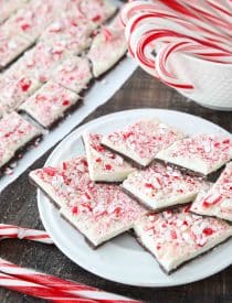 Peppermint Bark is easy to make with layers of semi-sweet chocolate and white chocolate flavored with peppermint all topped with crushed candy canes.