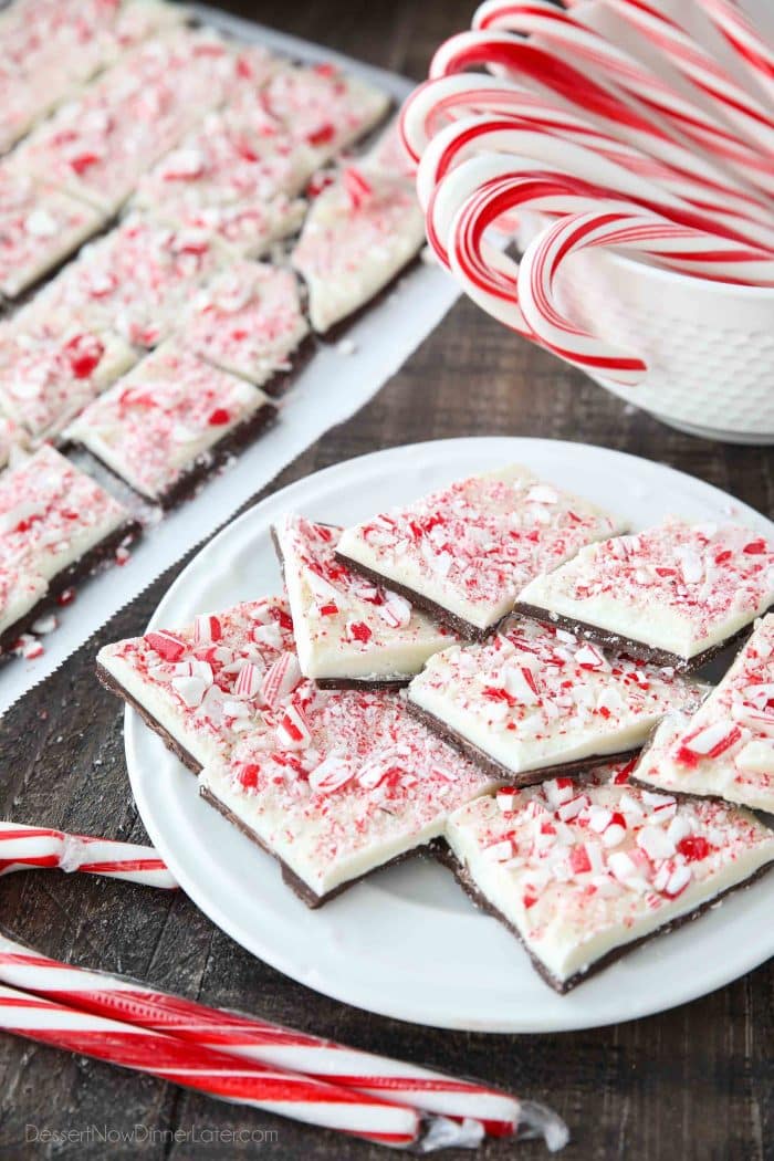 Peppermint Bark is easy to make with layers of semi-sweet chocolate and white chocolate flavored with peppermint all topped with crushed candy canes.