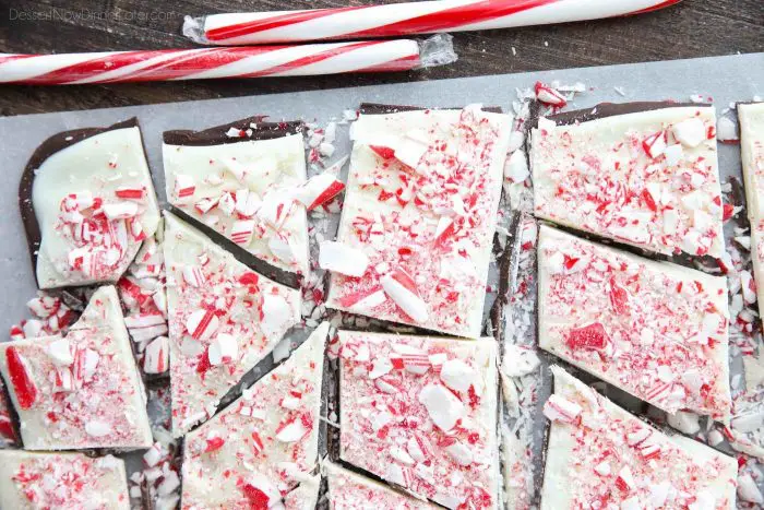 Peppermint Bark is a favorite Christmas treat that's super easy to make with only four ingredients: semi-sweet chocolate, white chocolate, peppermint extract, and candy canes.