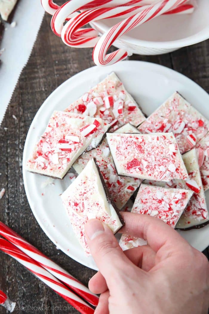 Peppermint Bark is a favorite Christmas treat that's super easy to make with only four ingredients: semi-sweet chocolate, white chocolate, peppermint extract, and candy canes.