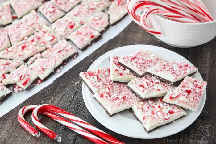 Peppermint Bark is easy to make with layers of semi-sweet chocolate and white chocolate flavored with peppermint all topped with crushed candy canes.