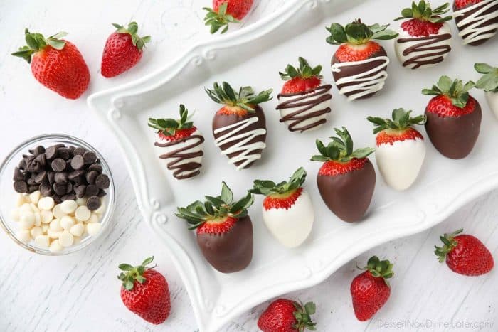 Make an assortment of chocolate covered strawberries easily at home. Plain or drizzled, these chocolate dipped strawberries are beautiful and delicious.