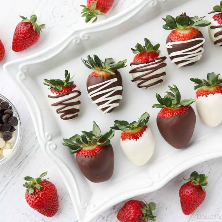 Make an assortment of chocolate covered strawberries easily at home. Plain or drizzled, these chocolate dipped strawberries are beautiful and delicious.