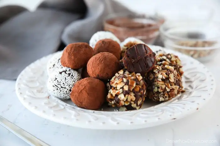 Chocolate Truffles can be flavored with any extract, oil, or liquor, and rolled/coated in a variety of toppings.