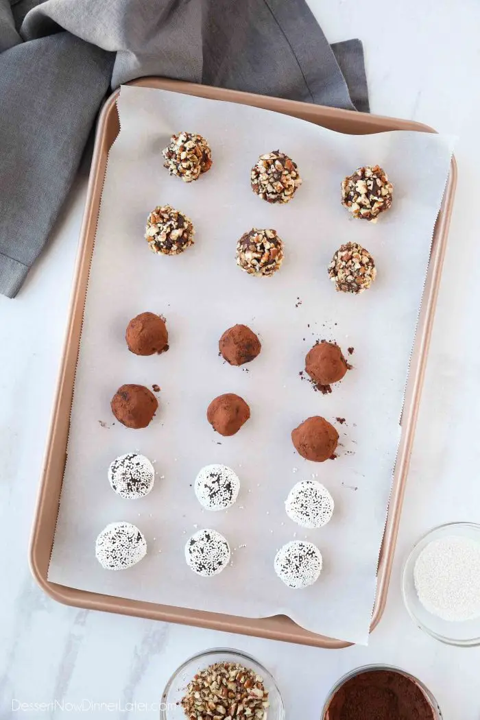 Chocolate Truffles rolled in toasted nuts, cocoa powder, and nonpareil sprinkles.