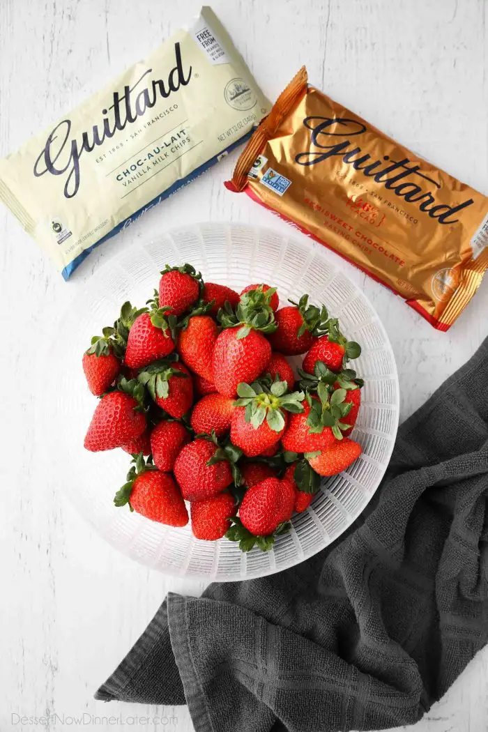 High quality chocolate chips and fresh strawberries are the only ingredients you need for easy chocolate covered strawberries.