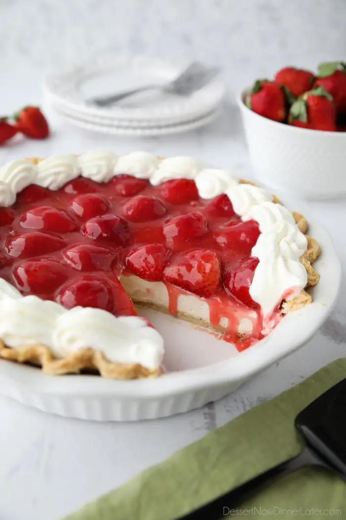 Strawberry Cream Pie is light, fruity, and delicious. With layers of pie crust, no-bake cheesecake, and slices of fresh strawberries smothered in a sweet glaze.