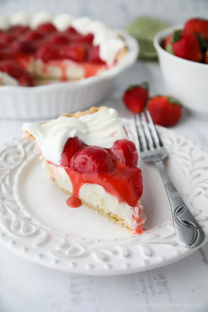 Strawberry Cream Pie is light, fruity, and delicious. With layers of pie crust, no-bake cheesecake, and slices of fresh strawberries smothered in a sweet glaze. A perfect dessert for Valentine's Day or summer potlucks.