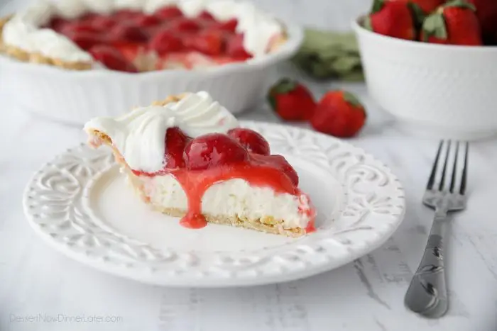 Strawberry Cream Pie is light, fruity, and delicious. With layers of pie crust, no-bake cheesecake, and slices of fresh strawberries smothered in a sweet glaze.