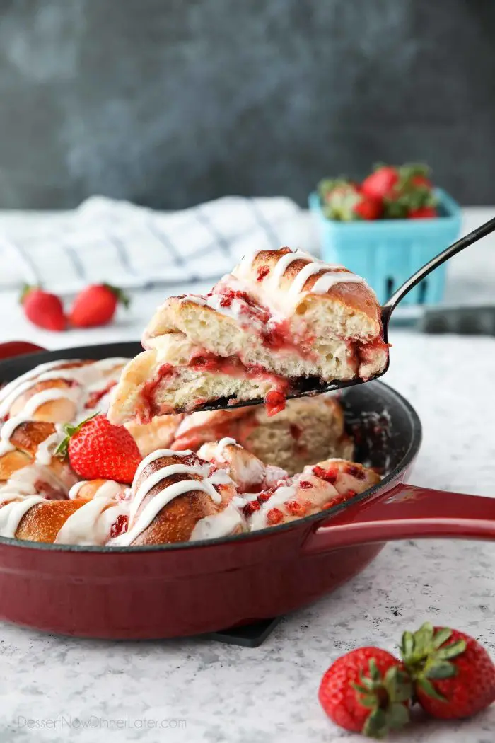 Layers of fruit and jam are all twisted up in this Strawberry Swirl Bread, topped with a sweet glaze.