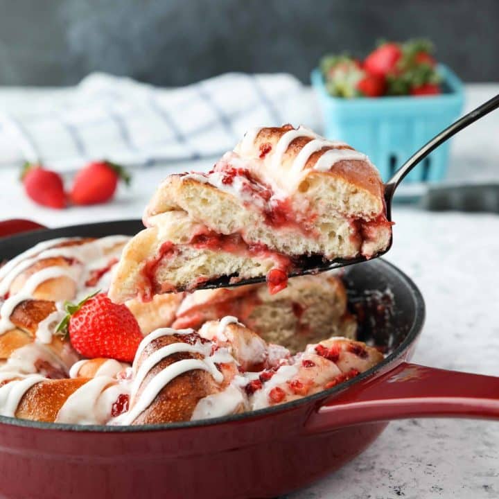 Layers of fruit and jam are all twisted up in this Strawberry Swirl Bread, topped with a sweet glaze.