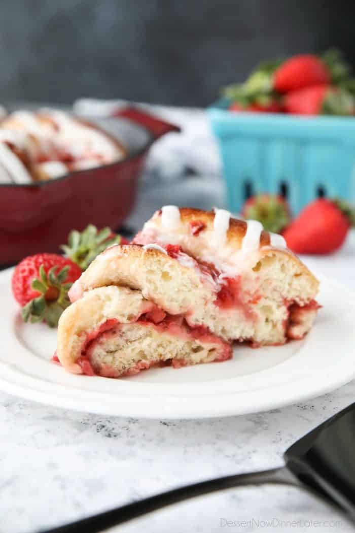 Strawberry Swirl Bread - An easy, semi-homemade recipe using frozen dough, layered with fresh strawberries and jam, baked until golden, and topped with icing. A twist on strawberry sweet rolls.