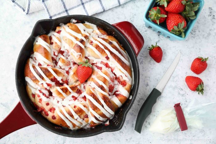 Strawberry Swirl Bread is made with frozen dough, strawberry jam, and fresh strawberries, then topped with a simple glaze.
