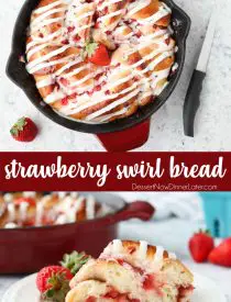 Strawberry Swirl Bread is a twist on classic sweet rolls. Sweet strawberry preserves and chunks of fresh strawberries are twisted inside of soft yeast bread, then baked until golden. Top it with a creamy icing and this easy sweet bread is perfect for breakfast or dessert.