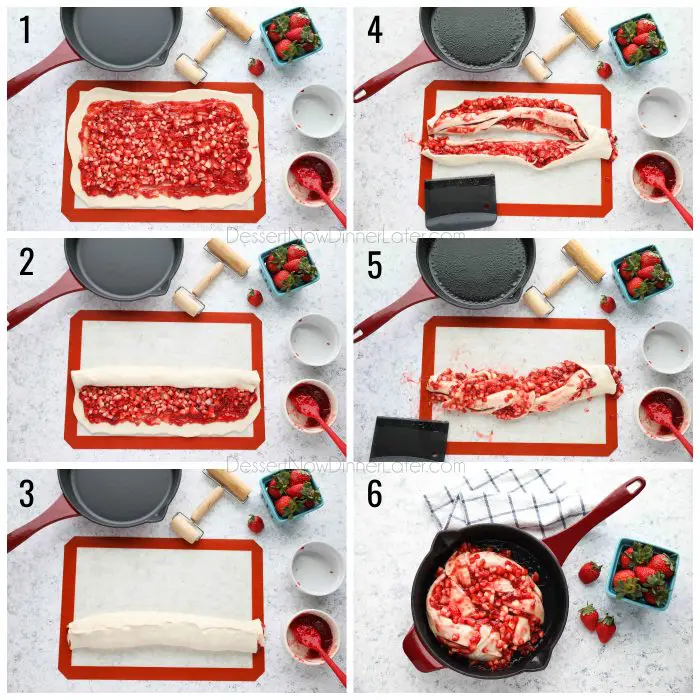 Strawberry Swirl Bread - Roll dough into a rectangle, layer with jam and fresh fruit, roll it up, cut it in half lengthwise, twist the two halves, bring the ends together to create a circle, place in a cast iron skillet to rise and bake.